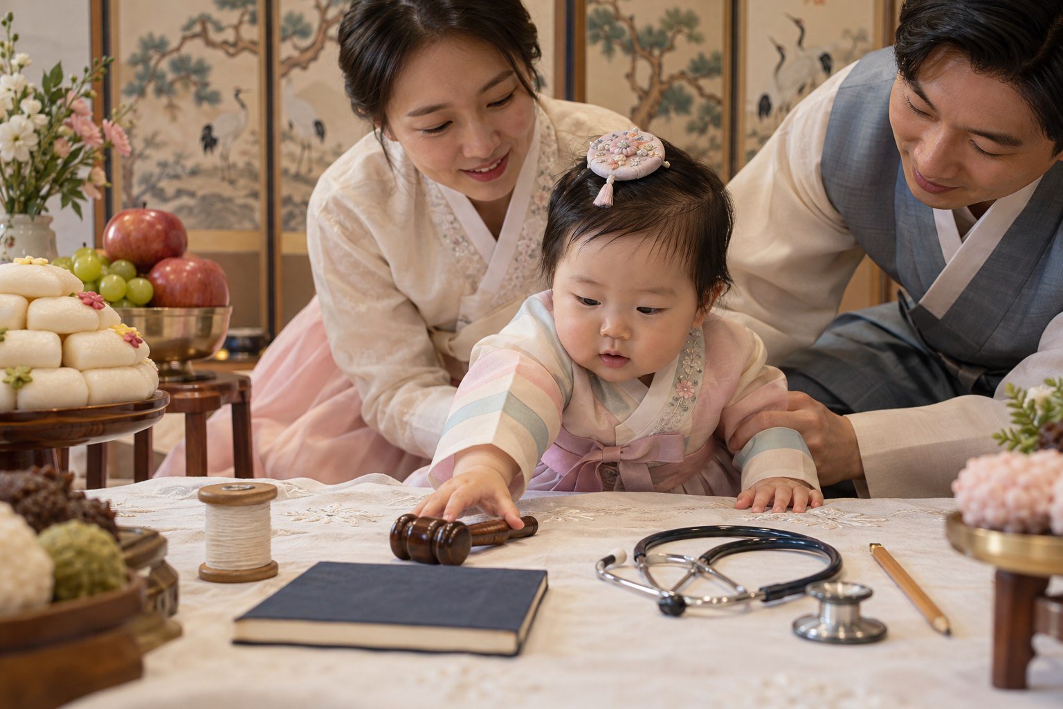 Korean baby in hanbok reaching for objects on the doljabi table at a first birthday celebration (AI-generated illustration)