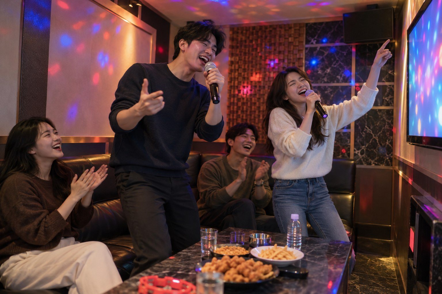 Korean adult friends singing together in a noraebang room with microphones (AI-generated illustration)