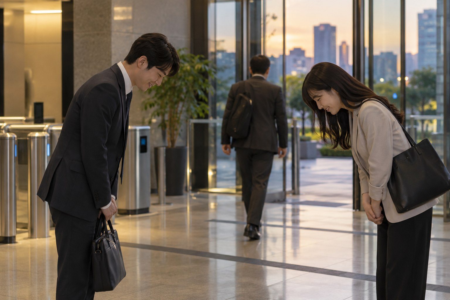 Korean coworkers bowing slightly to each other as they leave the office at end of day (AI-generated illustration)