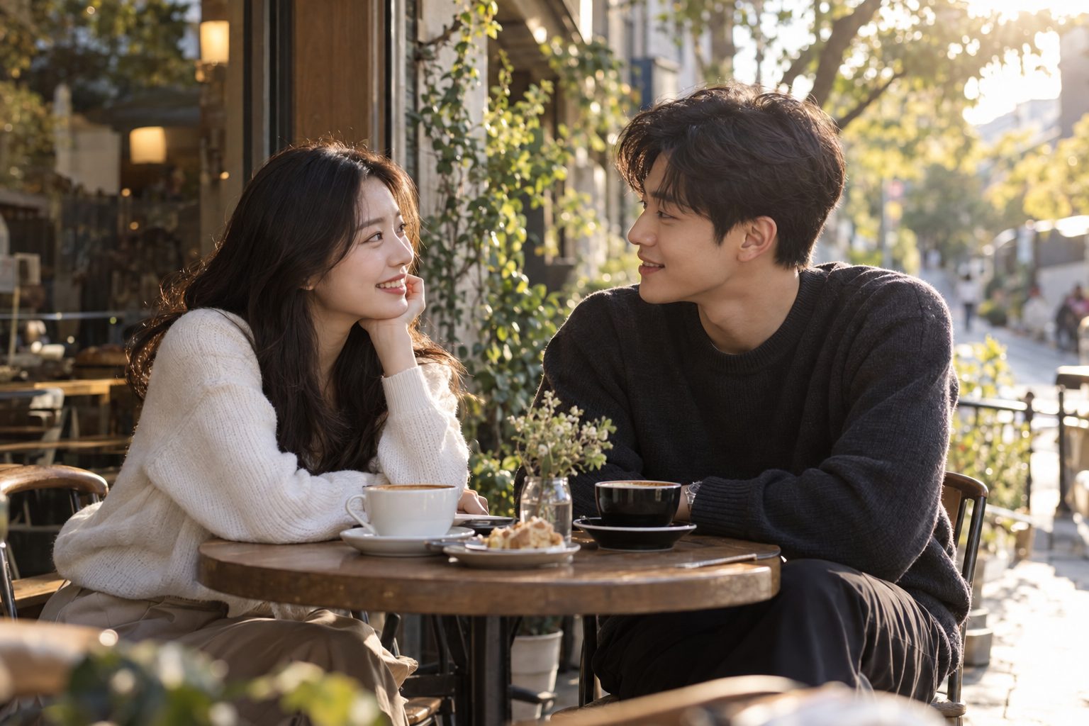 A young Korean couple smiling at each other over coffee at a sunny Seoul café terrace (AI-generated illustration)