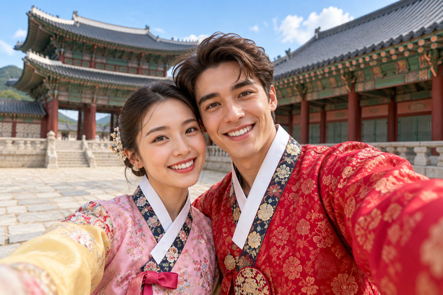 A smiling young couple in hanbok taking a selfie in a Seoul palace courtyard (AI-generated illustration)
